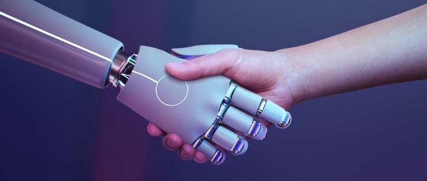Robot handshake human background futuristic digital ai